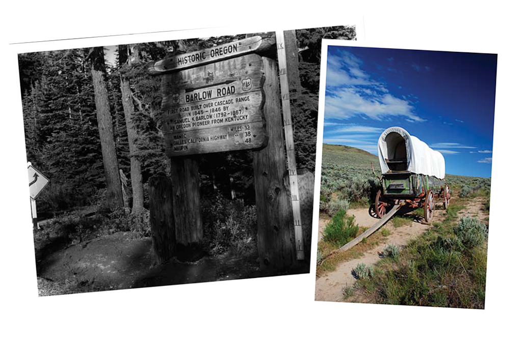 Historic photo of sign at the Barlow Rood and a wagon at the National Historic Oregon Trail Interpretive Center.